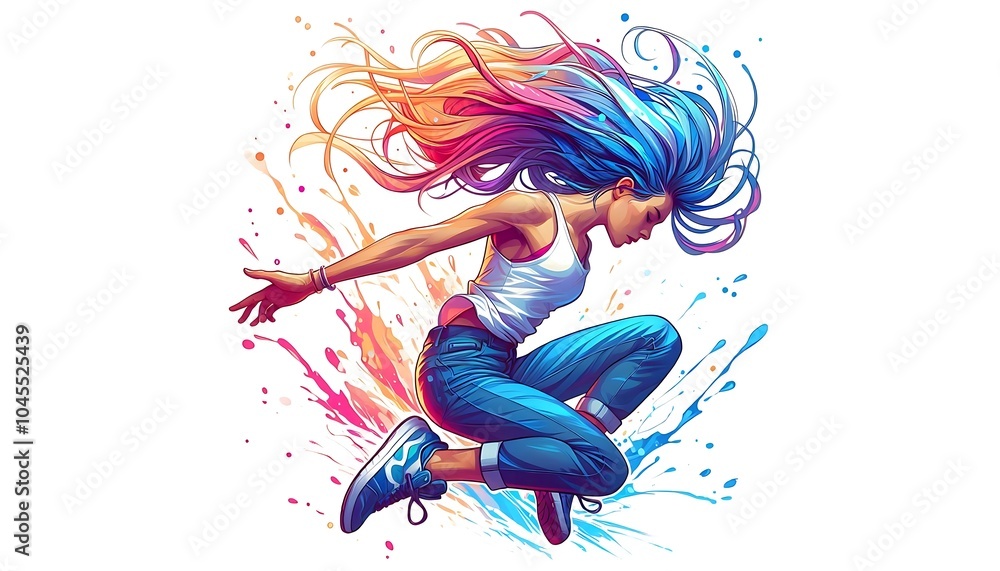Obraz premium Colorful Dynamic Illustration of a Woman Mid-Jump. generator AI
