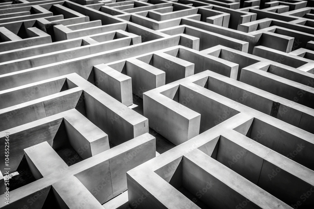 A maze-like concrete structure with sharp angles and deep shadows, captured in black and white.