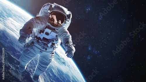 Outer space view with an astronaut and Earth photo