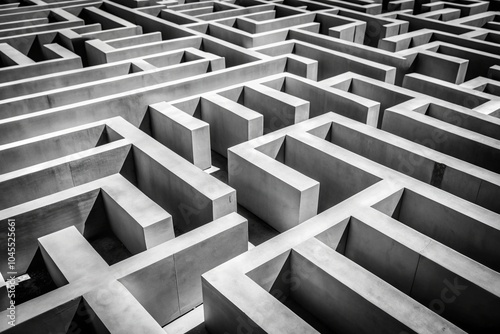 Obraz na płótnie A maze-like concrete structure with sharp angles and deep shadows, captured in black and white.
w salonie