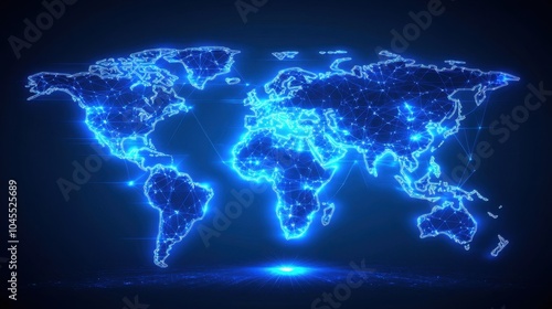 A futuristic world map with neon lines representing the global trade network, glowing across all continents.