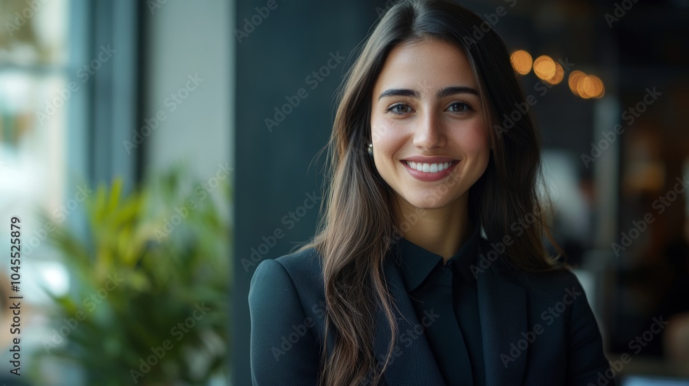 Fototapeta premium Portrait of confident businesswoman at corporate office smiling at camera