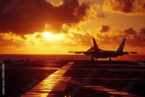 Fighter jet on aircraft carrier at sunset photo