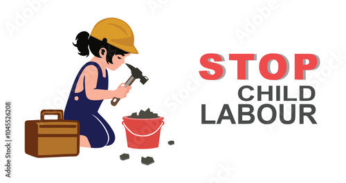 Stand up and prevention against child labor. Promote awareness, education to protect children's rights banner. a girl child woking construction job with hammer. international day against child labour