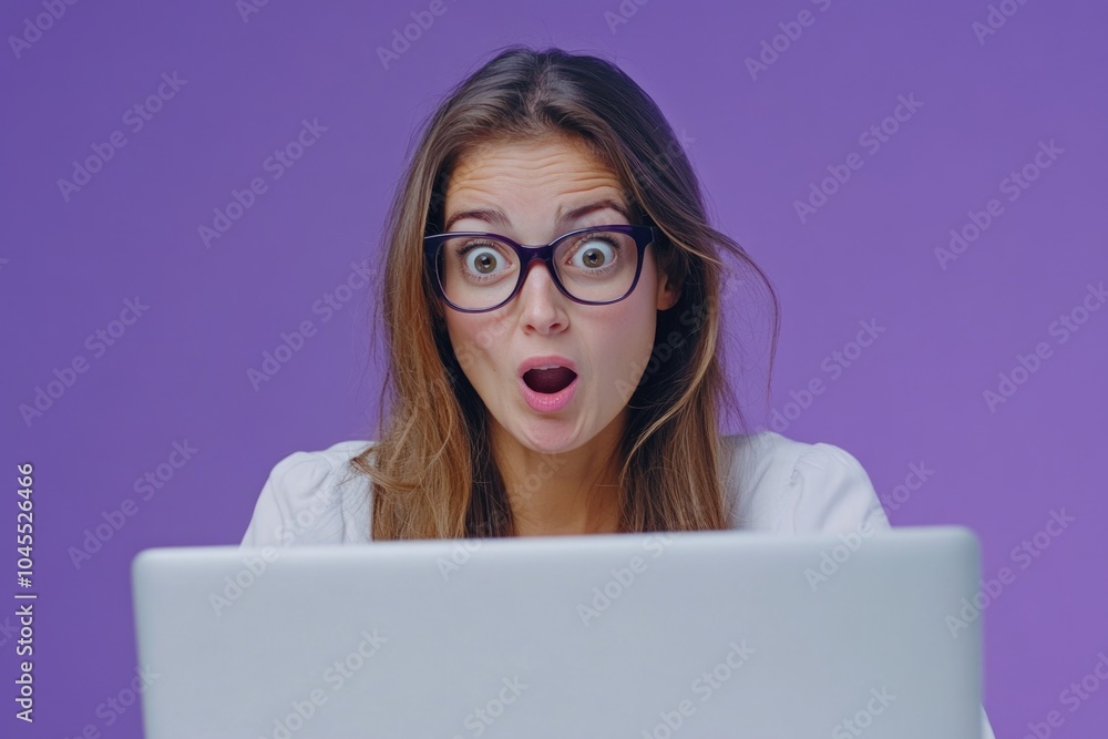 A woman wearing glasses looks surprised while viewing her laptop