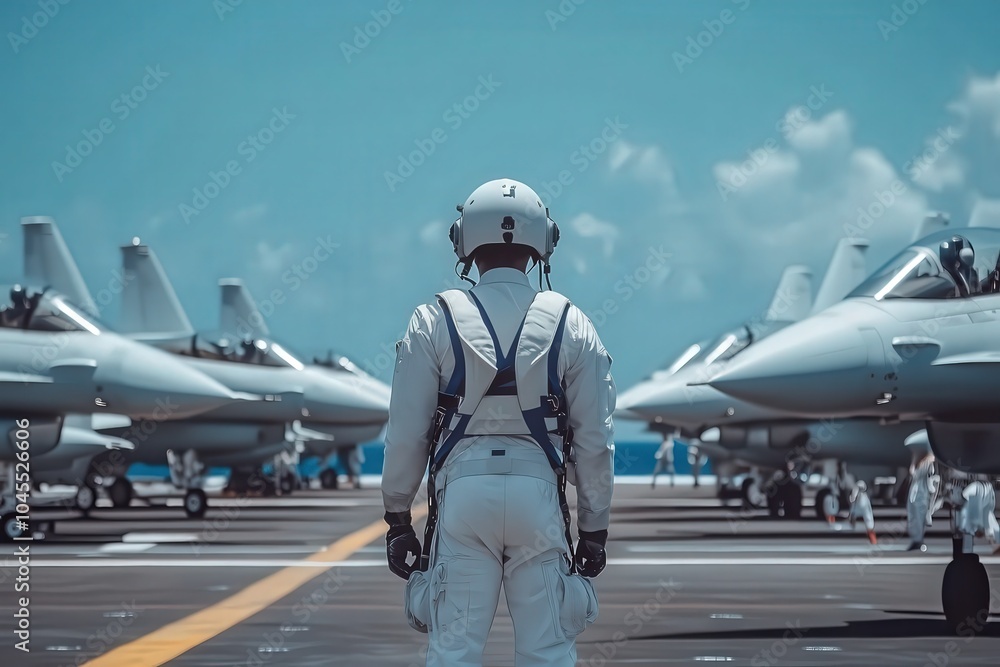 Pilot standing on aircraft carrier deck Pilot standing on aircraft carrier deck