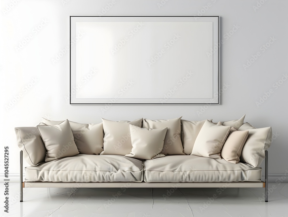 Fototapeta premium Minimalist Steel and Fabric Sofa in Clean,Contemporary Interior with Frame Mockup