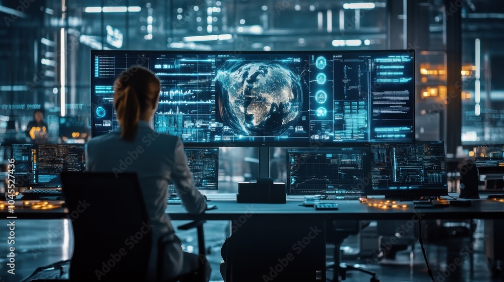 A high-tech dispatch center with a large screen tracking real-time logistics data, operators in focus, and detailed dashboards. A high-tech dispatch center with a large screen tracking real-time logistics data, operators in focus, and detailed dashboards.