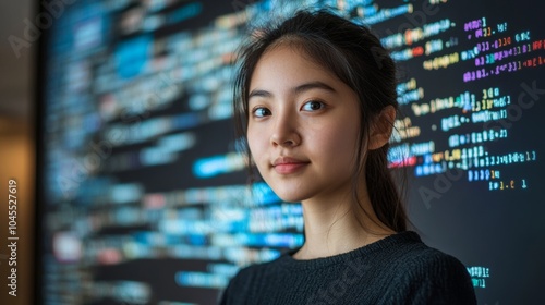 The integration of technology and human expertise in software development is presented by a young Asian woman programmer in front of an LCD screen with code projected