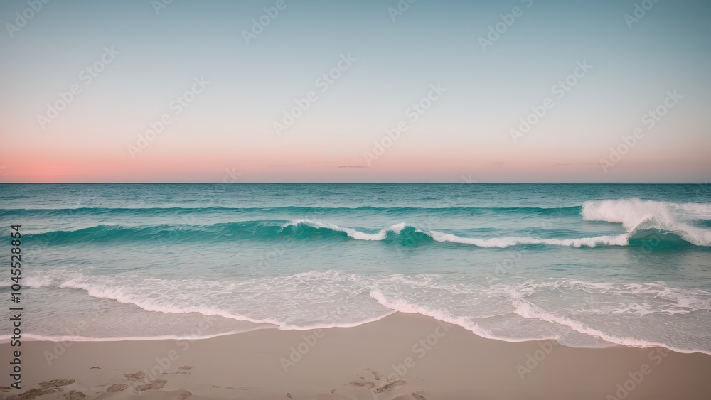 Beautiful pastel sunset over a calm ocean, with soft waves washing onto the beach. Ideal for tranquil beach scenes and relaxing nature visuals Beautiful pastel sunset over a calm ocean, with soft waves washing onto the beach. Ideal for tranquil beach scenes and relaxing nature visuals