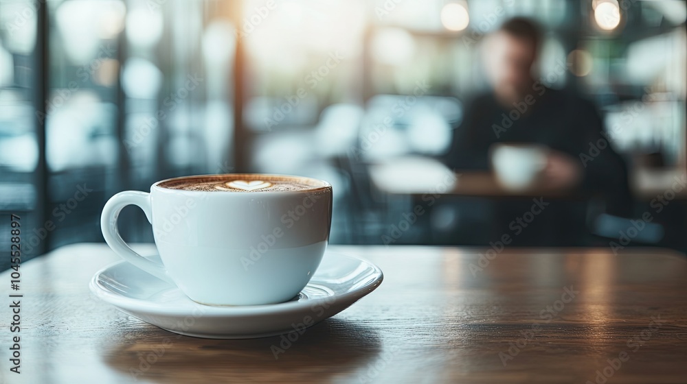 A close-up of a white coffee cup on a wooden table, with a soft-focus background of a café and a person enjoying a drink.