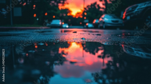 A puddle reflects the setting sun in a city street.