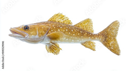 Pacific Cod known scientifically Gadus macrocephalus is presented in sharp detail emphasizing its distinct coloration and anatomical features while swimming in a clear environment. photo