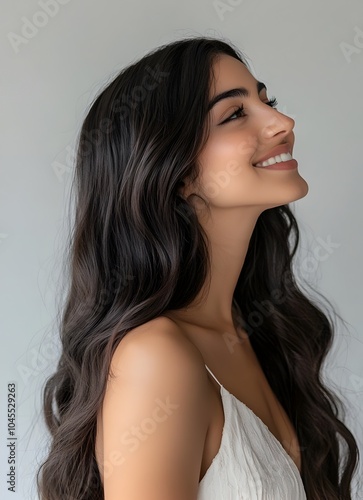 Confident and Charming Iranian Woman with Stunning Wavy Hair in White Dress