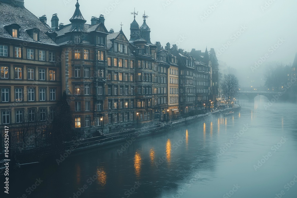 Obraz premium Foggy European Cityscape with a Bridge and River
