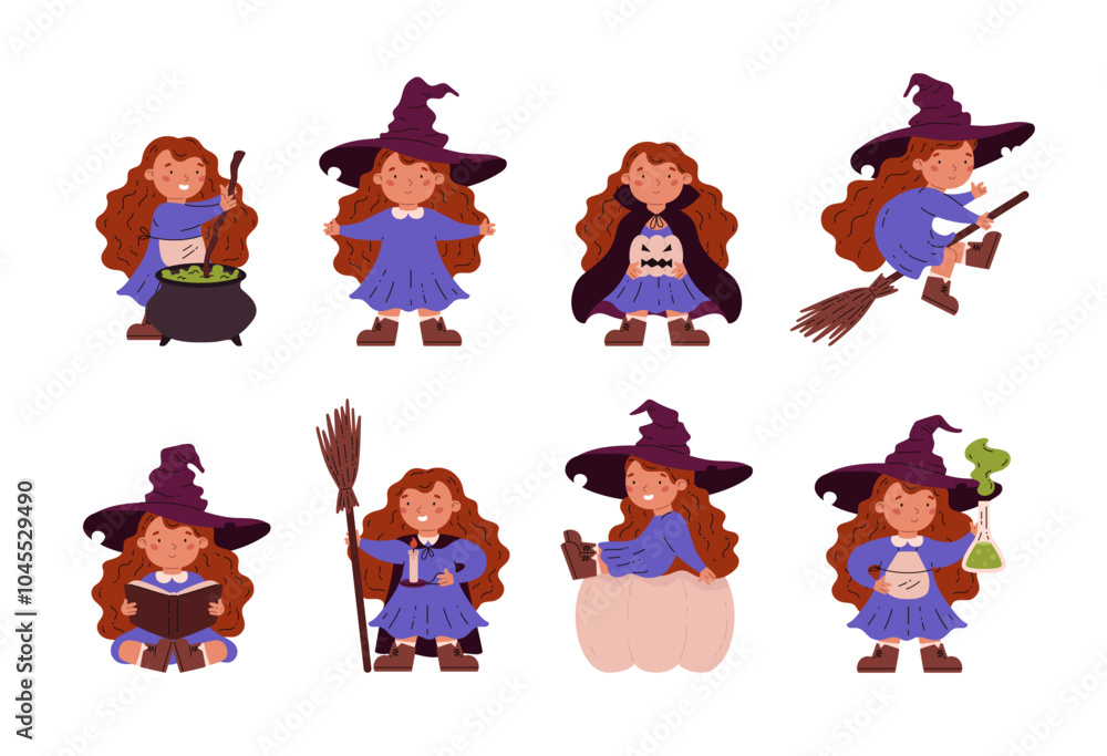 Fototapeta premium A set of vector illustrations for Halloween with a little witch girl in a hat