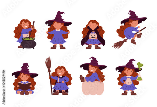 A set of vector illustrations for Halloween with a little witch girl in a hat