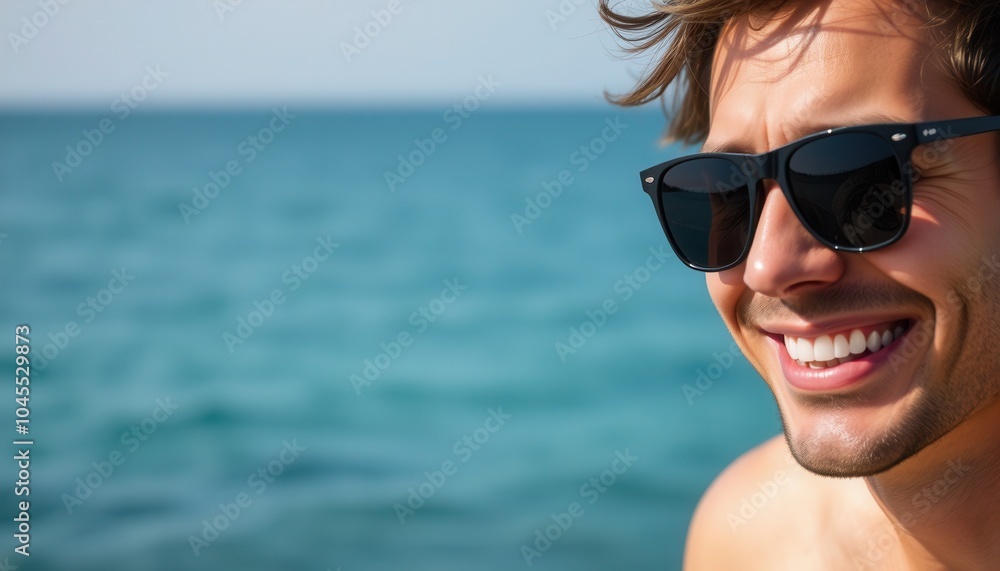 A young man enjoying a sunny day by the ocean wearing sunglasses and smiling with the sea in the background A young man enjoying a sunny day by the ocean wearing sunglasses and smiling with the sea in the background