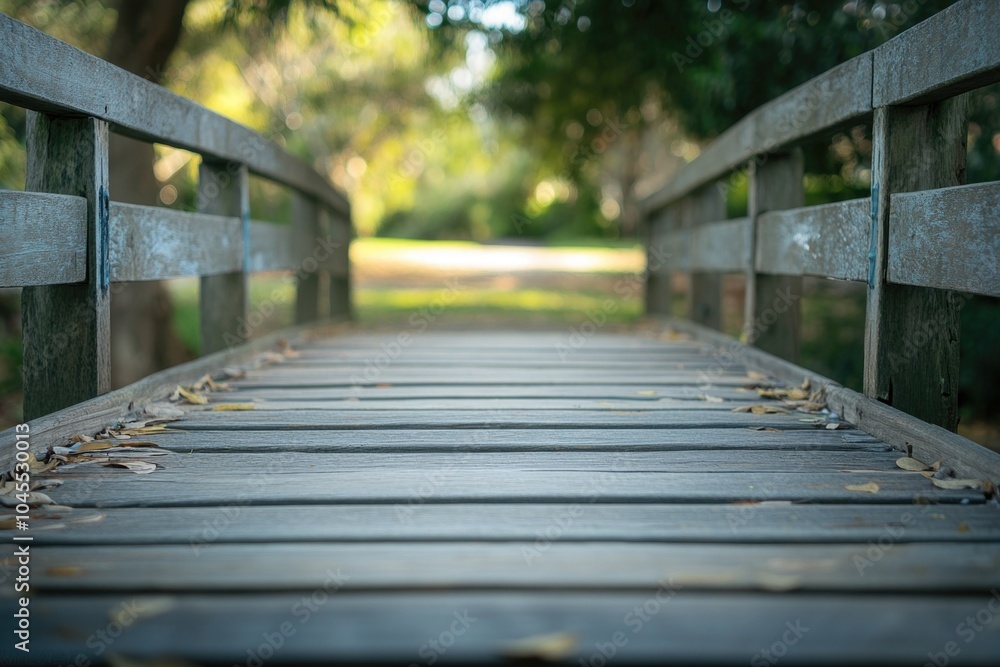 Fototapeta premium A wooden bridge surrounded by autumn leaves on the ground, perfect for nature and outdoor themed projects