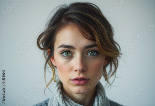 A young woman with striking green eyes showcasing natural beauty in a soft, neutral setting during golden hour