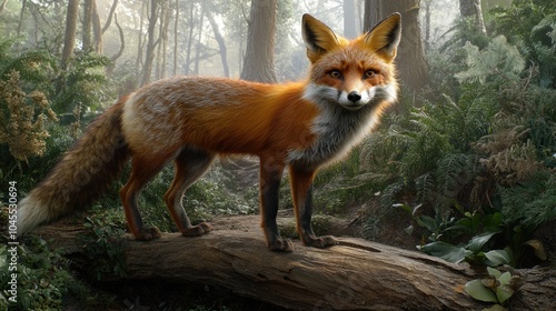 A red fox standing on a fallen log in a misty forest, looking directly at the camera.