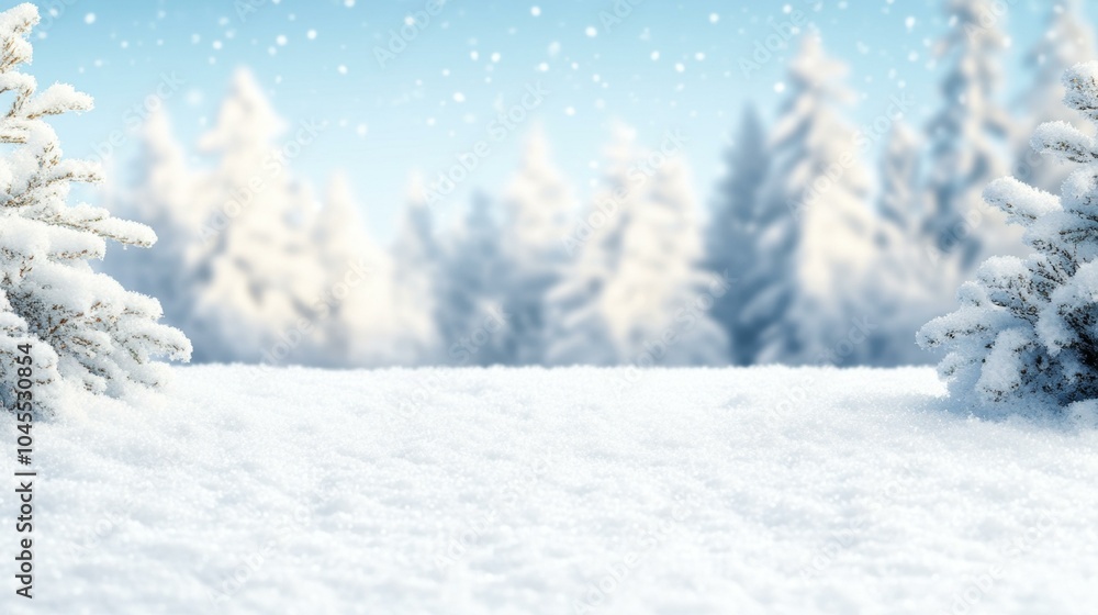 Snowy pine branches with blurred winter forest in the background under a bright blue sky. Snowy pine branches with blurred winter forest in the background under a bright blue sky.