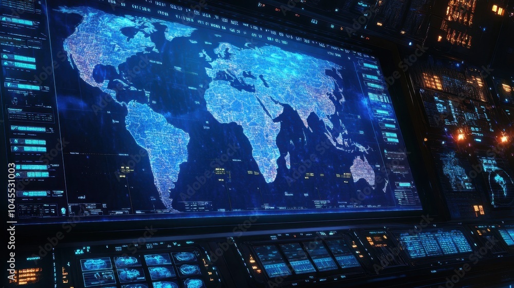 A logistics control center with a huge screen displaying live tracking of vehicles across international routes. A logistics control center with a huge screen displaying live tracking of vehicles across international routes.
