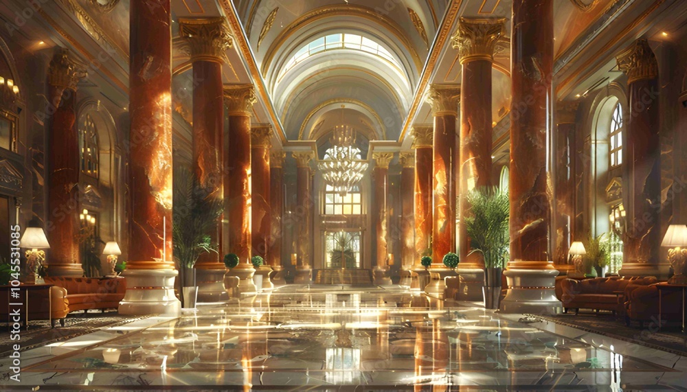 Obraz premium Art Deco Hotel Lobby, the elegance of an Art Deco-inspired hotel lobby with towering columns, intricate floor patterns, lavish chandeliers.