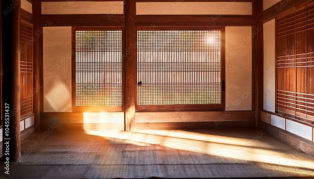 Sunlight reflected between the windows of a hanok house Sunlight reflected between the windows of a hanok house
