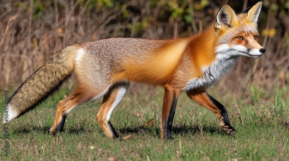 A red fox walks through a grassy field with a blurred background. A red fox walks through a grassy field with a blurred background.