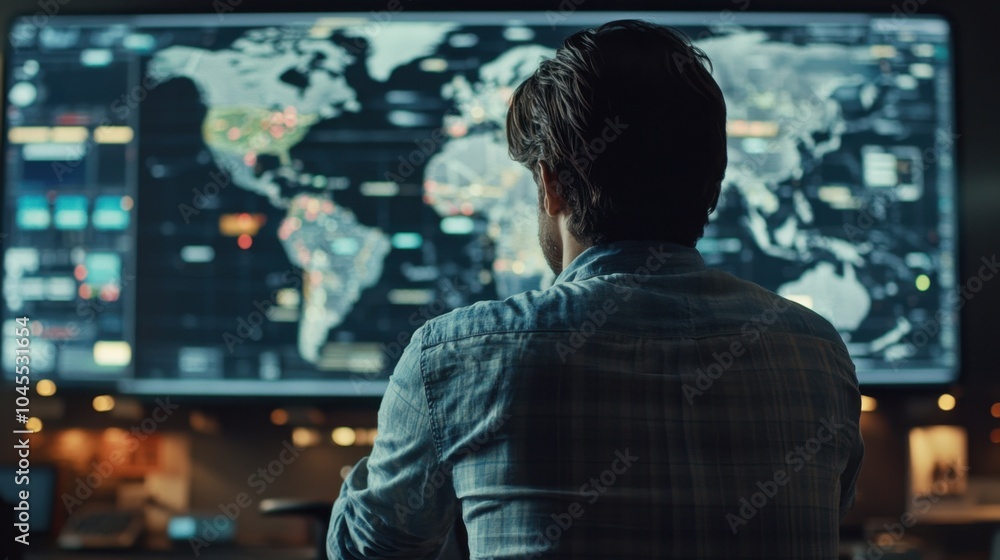 A logistics dispatch room with a large tracking screen showing vehicles moving on global routes. A logistics dispatch room with a large tracking screen showing vehicles moving on global routes.