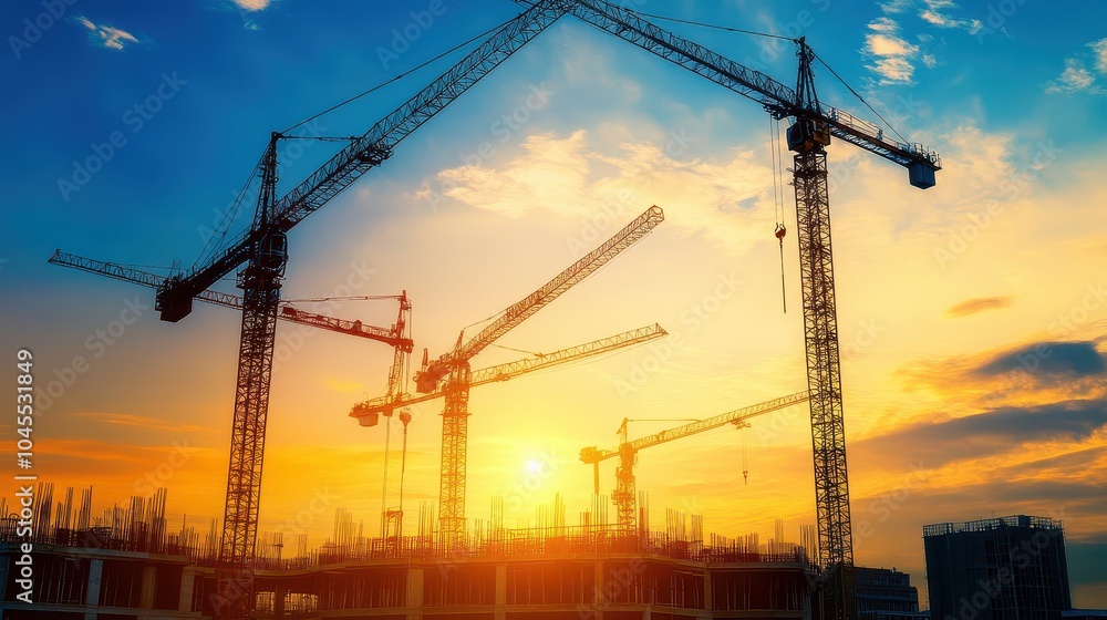 Silhouettes of construction cranes against a colorful sunset sky, symbolizing progress and development in urban construction projects. Silhouettes of construction cranes against a colorful sunset sky, symbolizing progress and development in urban construction projects.