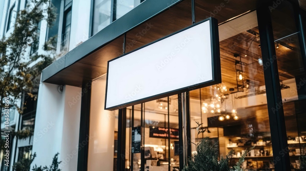 Blank hanging sign mockup above a modern retail store entrance Blank hanging sign mockup above a modern retail store entrance