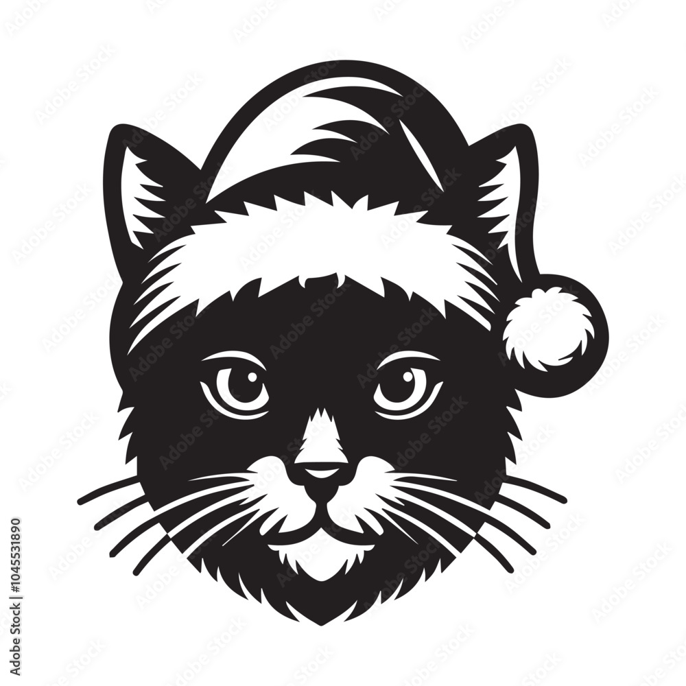 Fototapeta premium Cartoon black and white cat vector illustration with a cute and funny expression wearing christmas hat