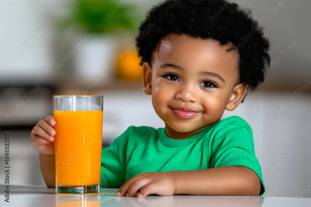 Smiling African boy in a green shirt drinking orange juice in a bright kitchen, enjoying a refreshing drink. Smiling African boy in a green shirt drinking orange juice in a bright kitchen, enjoying a refreshing drink.