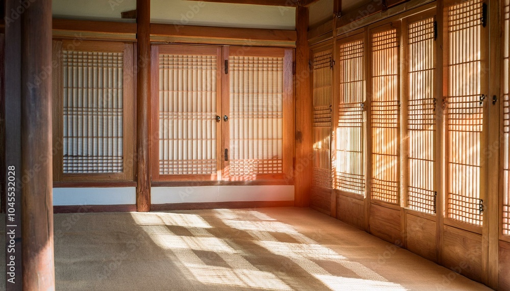 Fototapeta premium Sunlight reflected between the windows of a hanok house