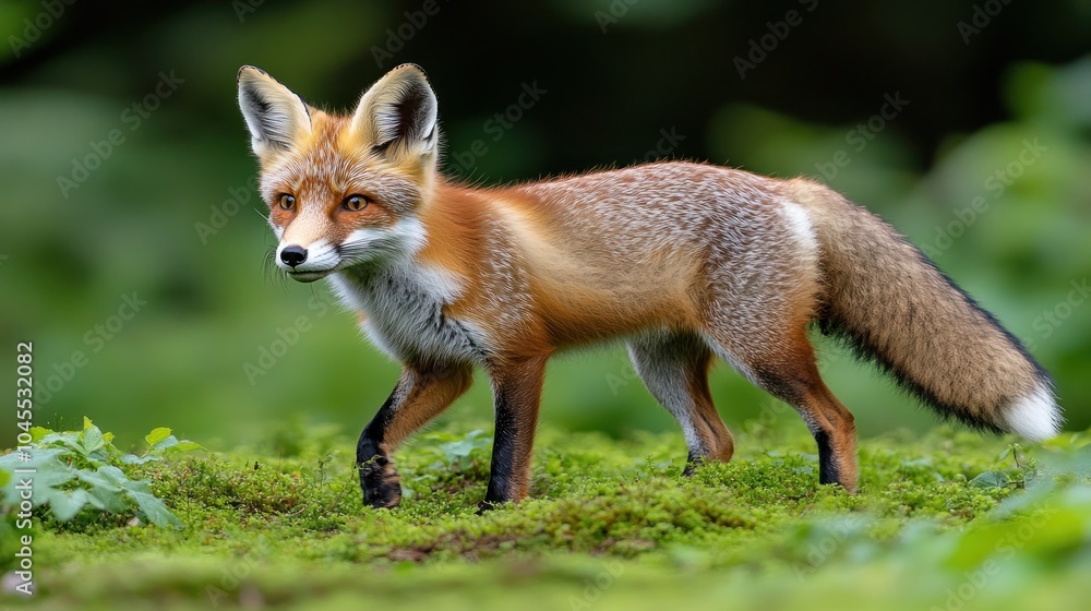A red fox with a bushy tail walks on green moss in a forest. A red fox with a bushy tail walks on green moss in a forest.