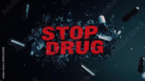 The design showcases bold red 'STOP DRUG' text amidst scattered broken pills on a dark background