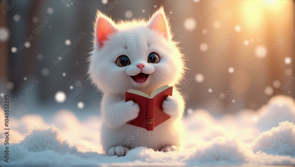 A cute, fluffy cartoon kitten warmly holds a book, wrapped in a snowy, sunlit winter scene, exuding joy and curiosity. A cute, fluffy cartoon kitten warmly holds a book, wrapped in a snowy, sunlit winter scene, exuding joy and curiosity.