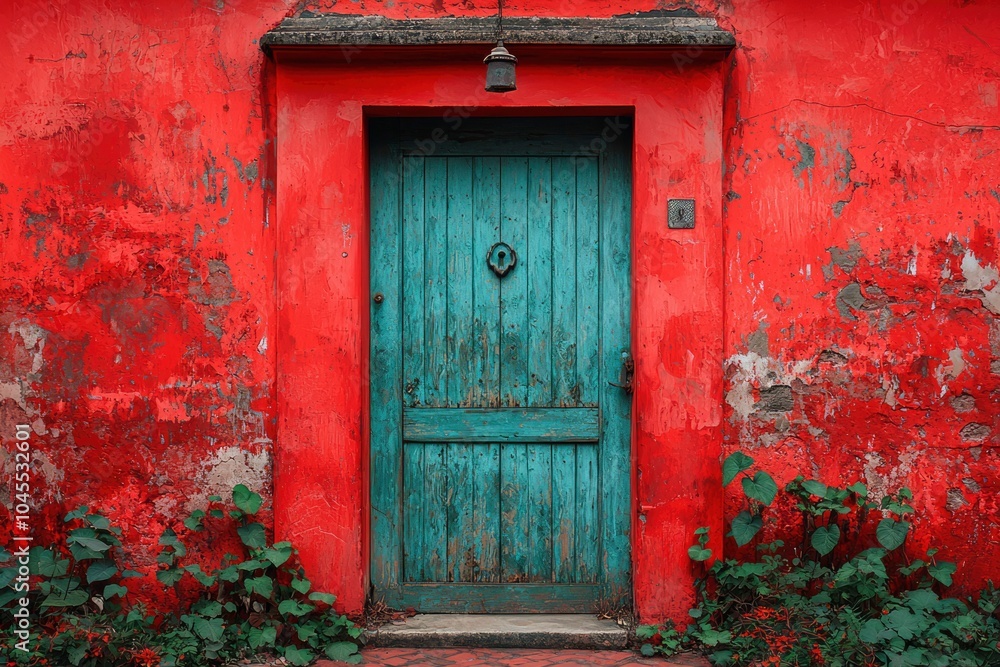 Weathered Green Door Against Red Wall with Vines Weathered Green Door Against Red Wall with Vines