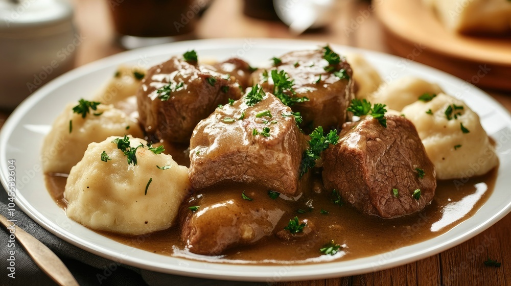 Hearty Beef Dish with Mashed Potatoes and Gravy Hearty Beef Dish with Mashed Potatoes and Gravy