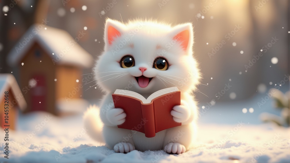 A fluffy white kitten joyfully reads a red book amidst a snowy winter backdrop, surrounded by softly falling snowflakes. A fluffy white kitten joyfully reads a red book amidst a snowy winter backdrop, surrounded by softly falling snowflakes.