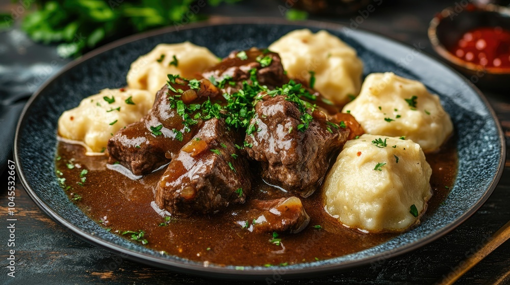 Tasty Beef Dish with Dumplings and Rich Gravy Tasty Beef Dish with Dumplings and Rich Gravy