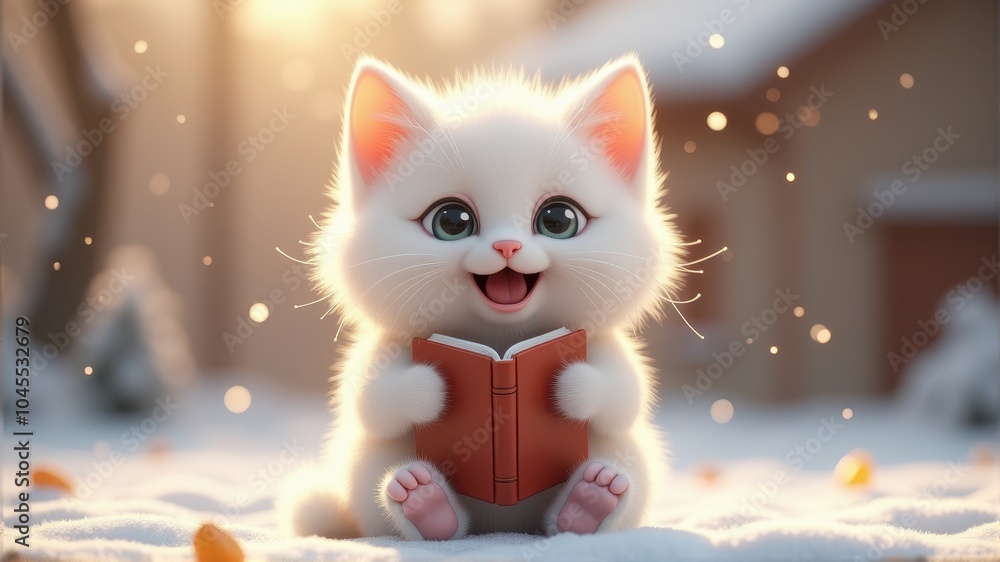 A cute white kitten sits on snow holding an open book, surrounded by gentle snowfall, with a soft golden glow in the background. A cute white kitten sits on snow holding an open book, surrounded by gentle snowfall, with a soft golden glow in the background.