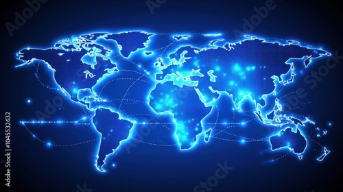 A modern world map with glowing lines showing the global flow of commerce, shipping, and business transactions.