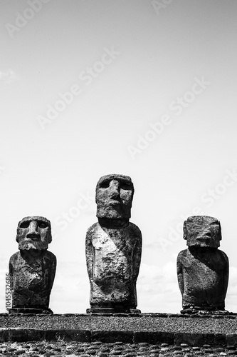 escultura de moai en blanco y negro 
