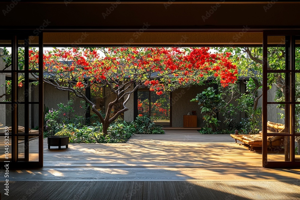Fototapeta premium Interior View of a Modern Home with Sliding Doors Leading to a Tranquil Courtyard with a Blooming Tree