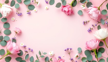 Flowers composition. Pink flowers and eucalyptus branches on pink background. Valentine's day, Mother's day, women's day concepts. copy space