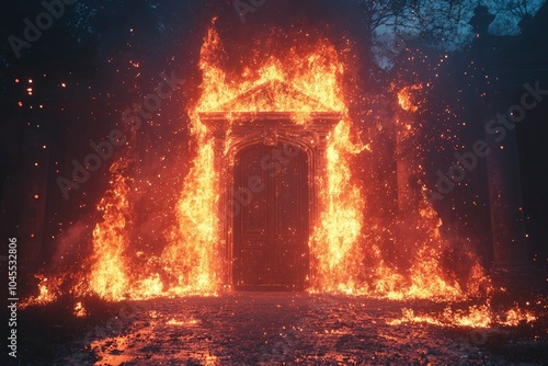 A Stone Doorway Engulfed in Fiery Flames