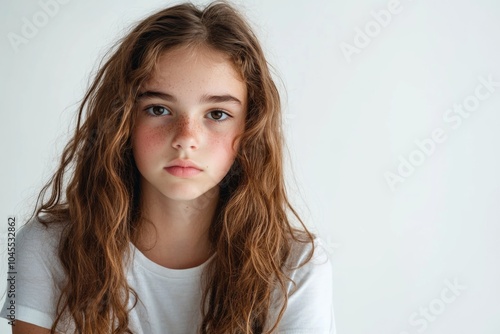 A young girl with noticeable freckles on her face